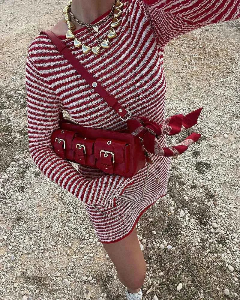 Striped Knit O Neck Long Sleeve High Waist Mini Dress - Rown