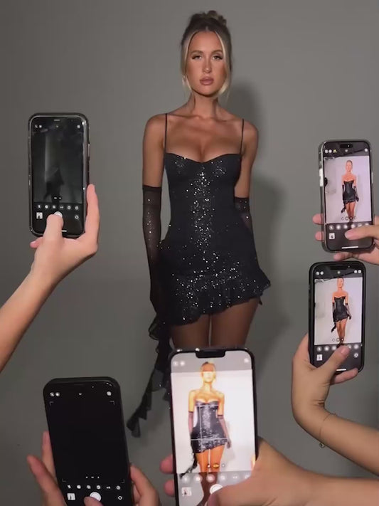 Elegant Strapless Ruffle Sequins Sparkle Mini Dress